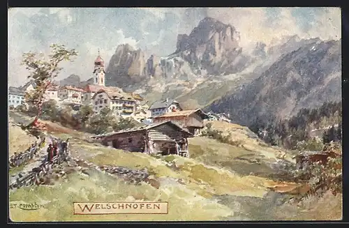 Künstler-AK Edward Theodore Compton: Welschnofen, Ortspartie mit Gebirge