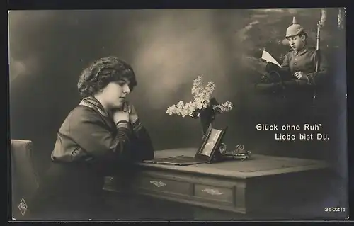 Foto-AK Frau denkt an den Liebsten im Feld