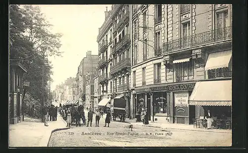 AK Asnières, Rue Denis-Papin, Strassenpartie mit Geschäften