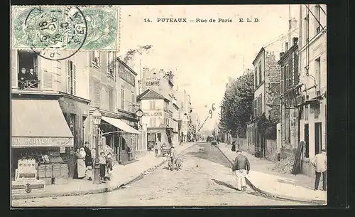 AK Puteaux, Rue de Paris, Strassenpartie mit Hotel du Centre und Geschäften