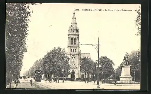 AK Neuilly-s-Seine, Le Rond-Point d`Inkermann, Strassenbahn, Denkmal