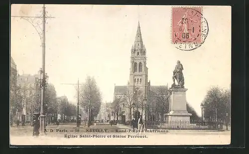 AK Neuilly-sur-Seine, Rond-Point d'Inkermann, Eglise Saint-Pierre et Statue Perronet