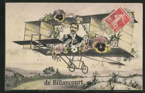 AK Billancourt, Landschaftsbild mit Männerportrait in einem Blumenflugzeug