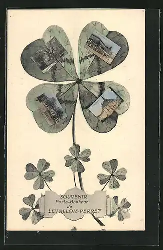 AK Levallois-Perret, Souvenir Porte-Bonheur de Levallois-Perret, Grusskarte mit Glückskleeblatt und Fotos
