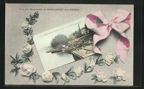 AK Boulogne-sur-Seine, Souvenir de Boulogne-sur-Seine, Grusskarte mit Schleife und Blumen