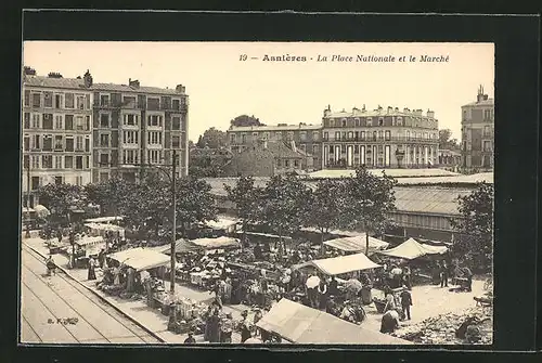 AK Asnières, La Place Nationale et le Marché, Ortsansicht mit Markt