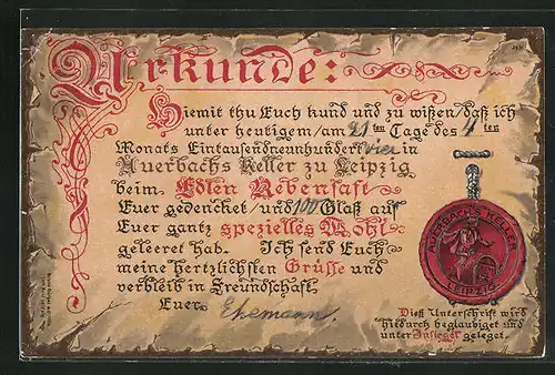 Lithographie Leipzig, Gasthaus Auerbachs Keller, Urkunde mit Siegel