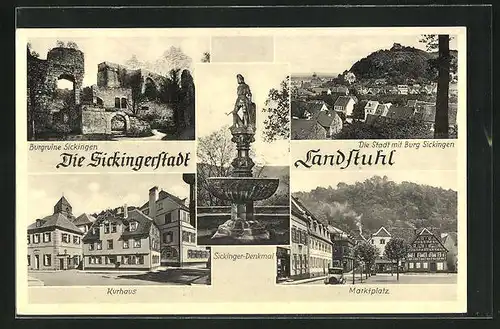 AK Landstuhl, Burgruine Sickingen, Kurhaus, Makrtplatz, Sickinger Denkmal, Ortsansicht mit Burg Sickingen