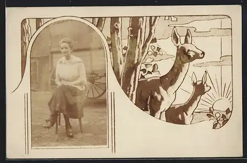 Foto-AK Dame auf einem Stuhl, Passepartout