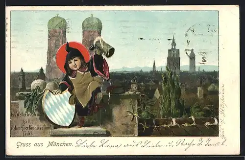AK München, Münchner Kindl gegen Frauenkirche