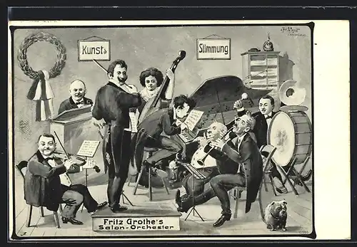 Künstler-AK Fritz Grothes Salon-Orchester mit Instrumenten
