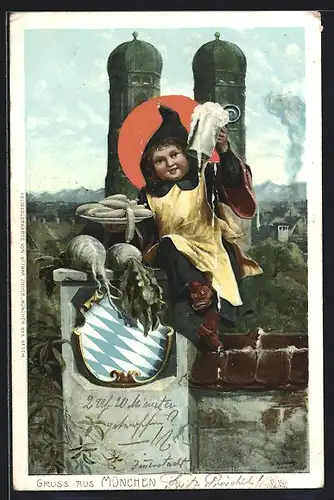 AK Münchner Kindl mit Frauenkirche und Wappen