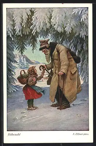 Künstler-AK sign. F. Elssner: Rübezahl mit Mädchen im Winterwald
