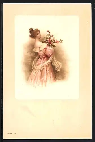 AK Junge Dame im Kleid mit Blumen, Jugendstil