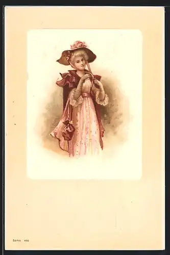AK Junge Dame im Kleid bindet ihren Hut, Jugendstil