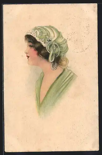 AK Junge Frau im grünen Kleid, Jugendstil