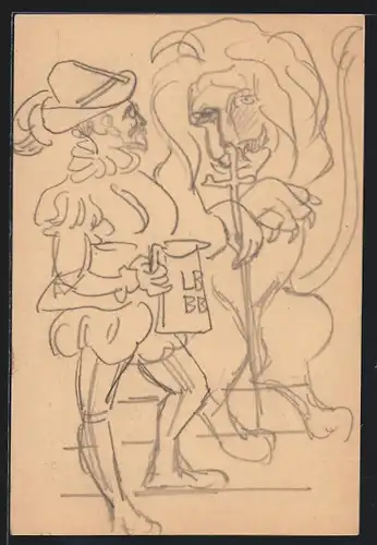 Künstler-AK Handgemalt: Ritter trinkt zusammen mit Löwen