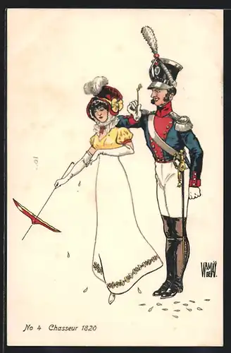 Künstler-AK sign. De Warnay: Chasseur, schweizer Soldat mit Kopfbedeckung neben Dame 1820