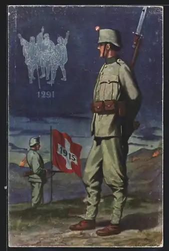 Künstler-AK Schweizer Soldaten in Uniform, Rütlischwur von 1291