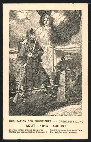 Künstler-AK Grenzbesetzung August 1914, Tönt Kriegschrei vom Tale Der Aelpler drob erwacht, Helvetia