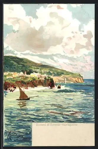 Lithographie Vico Equense, Panoramablick auf den Küstenort