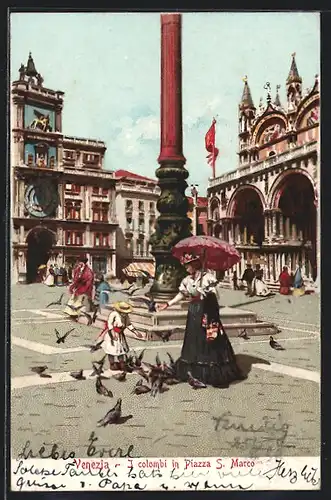 Lithographie Venezia, I colombi in Piazza S. Marco