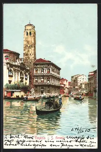 Lithographie Venezia, S. Geremia, Gondeln