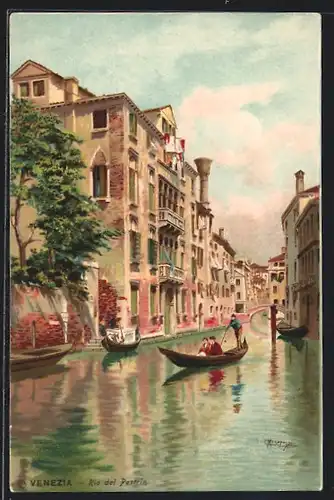 Künstler-Lithographie Venezia, Rio del Pestrin, Gondeln