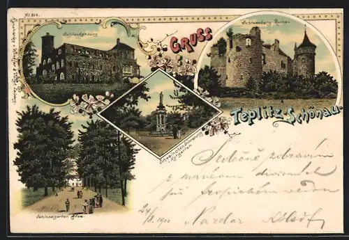 Lithographie Teplitz-Schönau, Schlackenburg, Schweinchen Erinnerung im Kurgarten, Schlossgarten