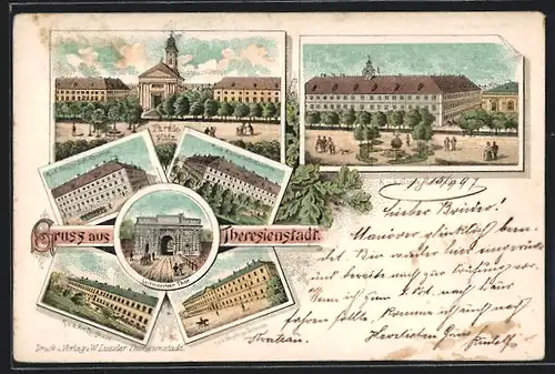 Lithographie Theresienstadt, K.u.K. Kleine und Grosse Infanterie-Kaserne, Leitmeritzer Thor