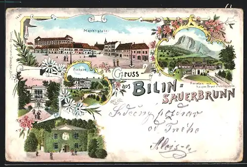 Lithographie Billin-Sauerbrunn, Marktplatz und Curhaus