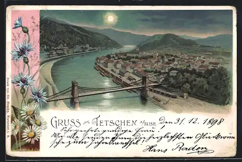 Mondschein-Lithographie Tetschen a. Elbe, Panoramablick auf den Ort und die Umgebung