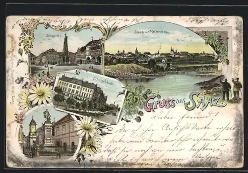 Lithographie Saaz, Ringplatz, Schulgebäude, Josefs-Denkmal