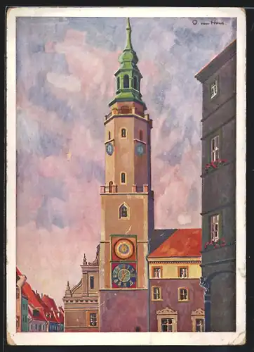 Künstler-AK Görlitz, Blick zum Rathausturm