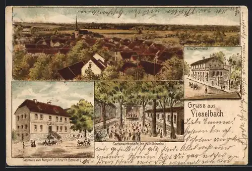 Lithographie Vieselbach, Gasthaus zum Burghof, Villa Deinhardt