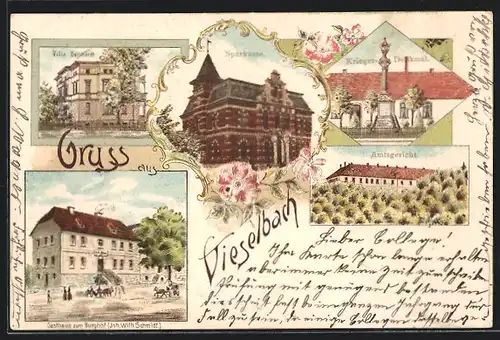 Lithographie Vieselbach, Gasthaus zum Burghof, Sparkasse