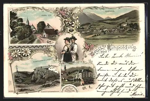 Lithographie Ruhpolding, G. Stockmaier`s Brauerei und Gasthof, Hochfellnhaus mit Kreuz, Maria-Eck
