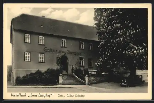 AK Vieselbach, Gast- und Logierhaus Zum Burghof mit Baum u. Auto