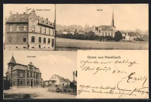 AK Vieselbach, Sparkasse, Kaiserl. Postamt, Kirche