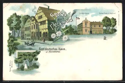 Lithographie Versmold, Hotel deutsches Haus, Amtsgebäude mit Kaiser Friedrich-Denkmal
