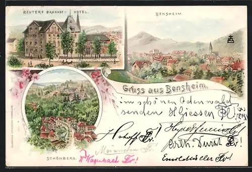 Lithographie Bensheim, Reuters Bahnhof-Hotel, Ortsansicht