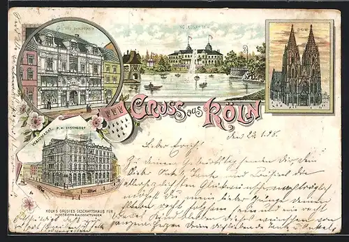 Lithographie Köln, Geschäftshaus Waidmarkt von P. W. Ossendorf, Volksgarten mit Hotel, Castans Panoptikum