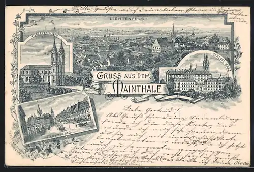 Lithographie Lichtenfels /Mainthale, Schloss Banz, Vierzehnheiligen, Marktplatz