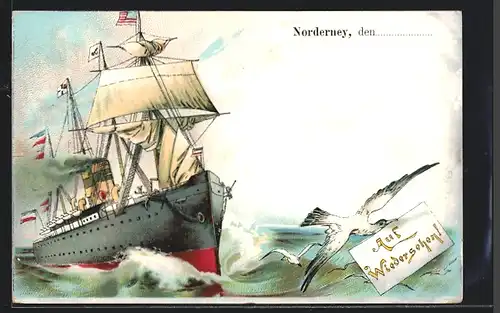 Lithographie Norderney, Dampfer auf hoher See mit Möwe