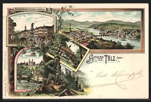 Lithographie Tölz, Gasthaus Reiterbauer am Buchberg, Marktstrasse & Winzer-Denkmal, Calvarienberg