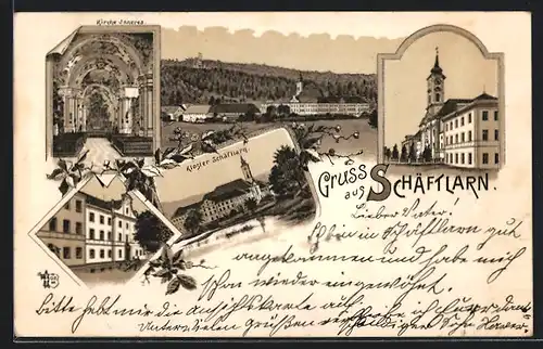 Lithographie Schäftlarn, Ortsansicht, Kircheninneres, Klosteransicht