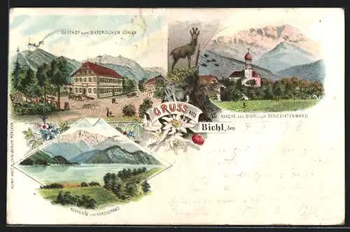 Lithographie Bichl, Gasthof zum Bayerischen Löwen, Kirche u. Benediktenwand, Kochelsee u. Herzogstand, Gemse