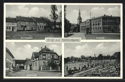 AK Stotternheim, Gasthaus Ratskeller, Geschäft am Karlsplatz, Schwimmbad