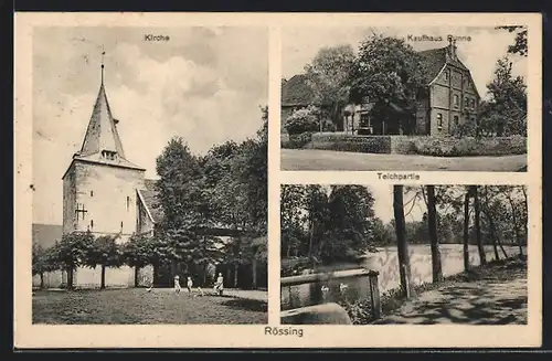 AK Rössing, Kaufhaus Runne, Kirche, Teichpartie