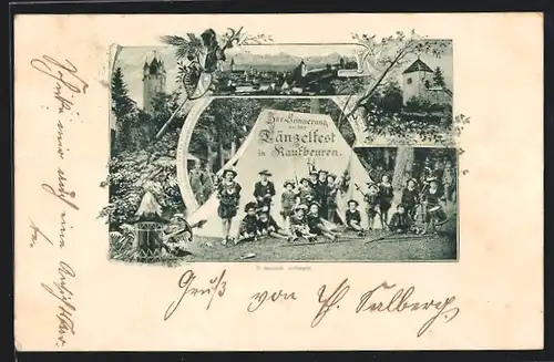 AK Kaufbeuren, Tänzelfest, Kindergruppe in historischen Militärkostümen, Türme, Ortsansicht